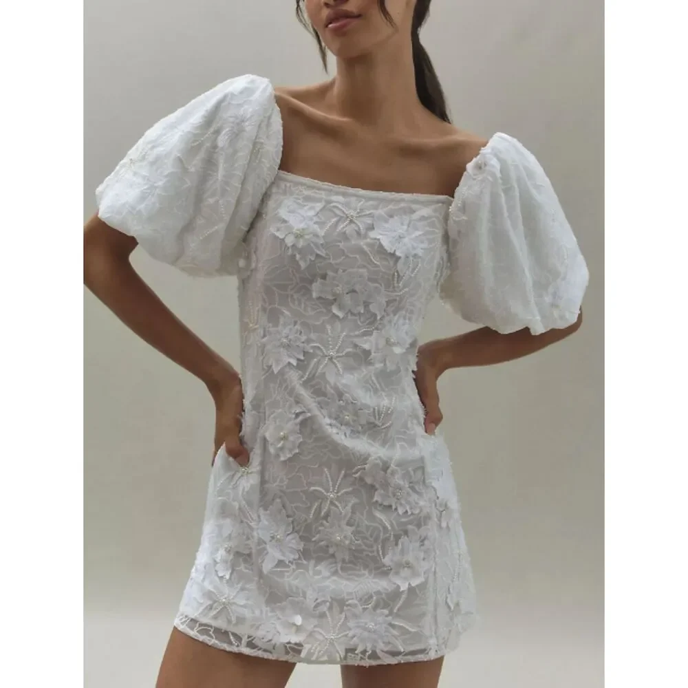 ~ BHLDN Lg 2in1 Mini Dress 3D Floral, Removable Puff-Sleeve Large Wedding Bridal - Picture 2 of 16